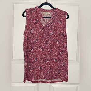 LOFT Dark Pink Floral Sleeveless Blouse Split Neck Tie Mixed Media Top Size L